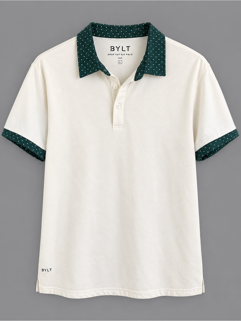 BYLT Basics Cream Polo with Dark Green Polka Dot Collar
